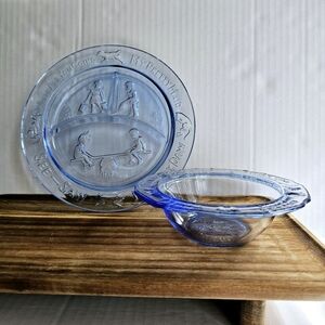 Vintage Tiara glass mother goose nursery plate bowl set blue embossed children's